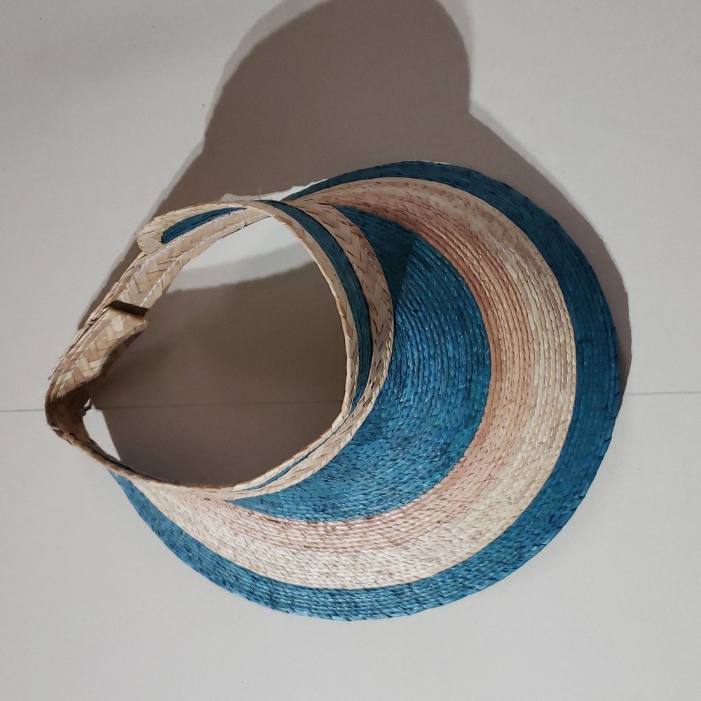 Vintage Women's Blue and Tan Straw Sun Visor Hat, OS Adjustable Velcro Wide Brim